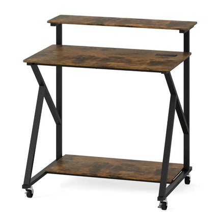 32 Inch Rolling Computer Desk for Small Spaces with Power Outlets-Rustic Brown - Rustic Brown - Writing Desks