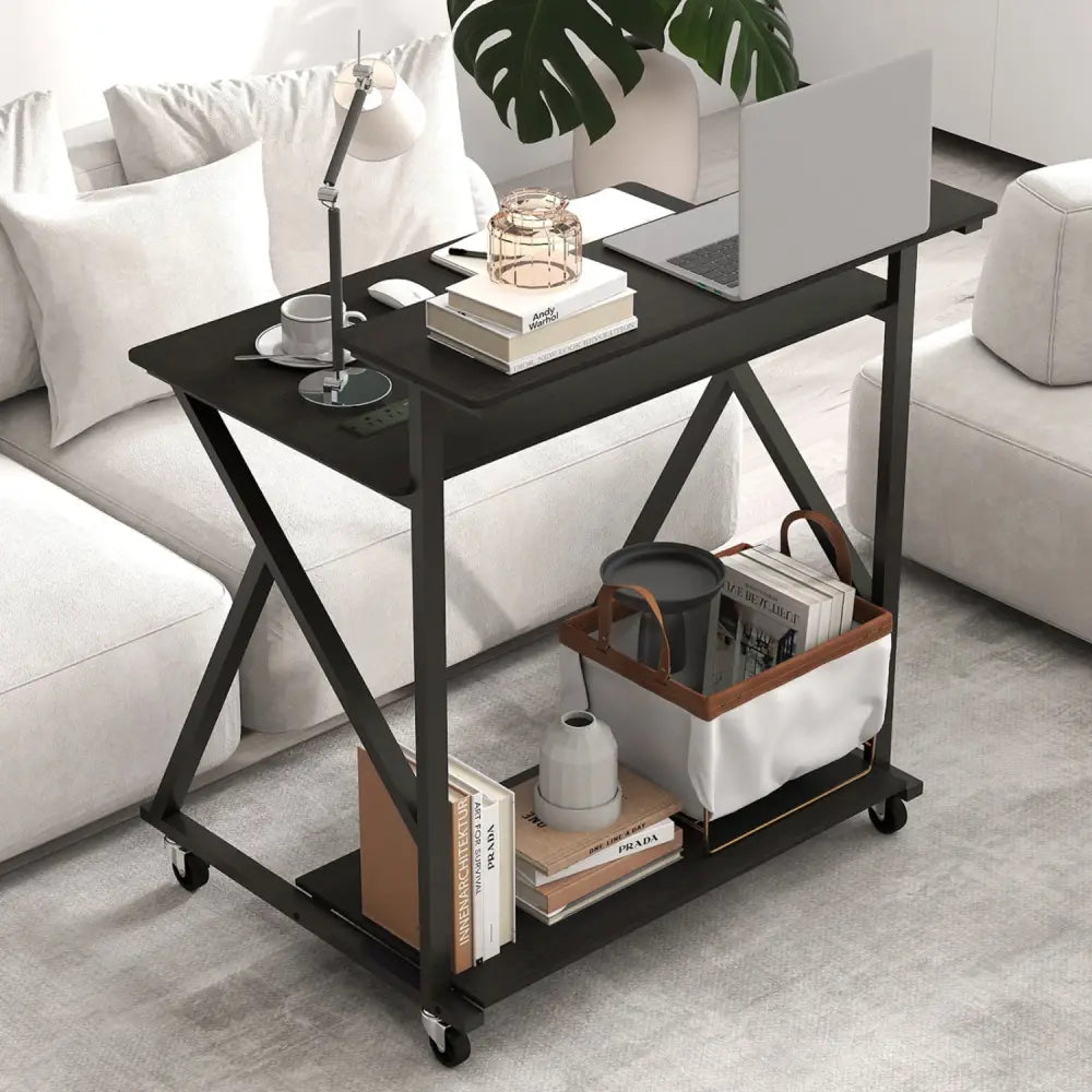 32 Inch Rolling Computer Desk for Small Spaces with Power Outlets-Black - Black - Computer Desks