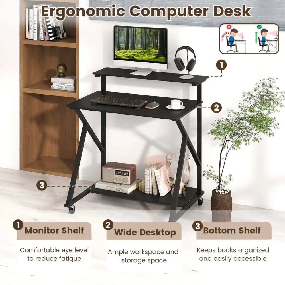 32 Inch Rolling Computer Desk for Small Spaces with Power Outlets-Black - Black - Computer Desks