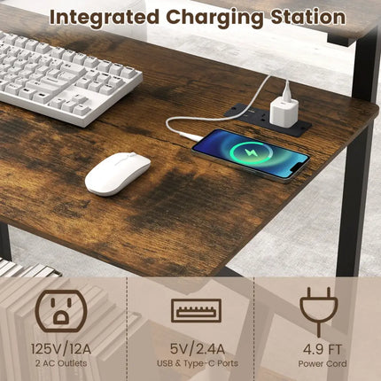 32 Inch Rolling Computer Desk for Small Spaces with Power Outlets-Rustic Brown - Rustic Brown - Writing Desks