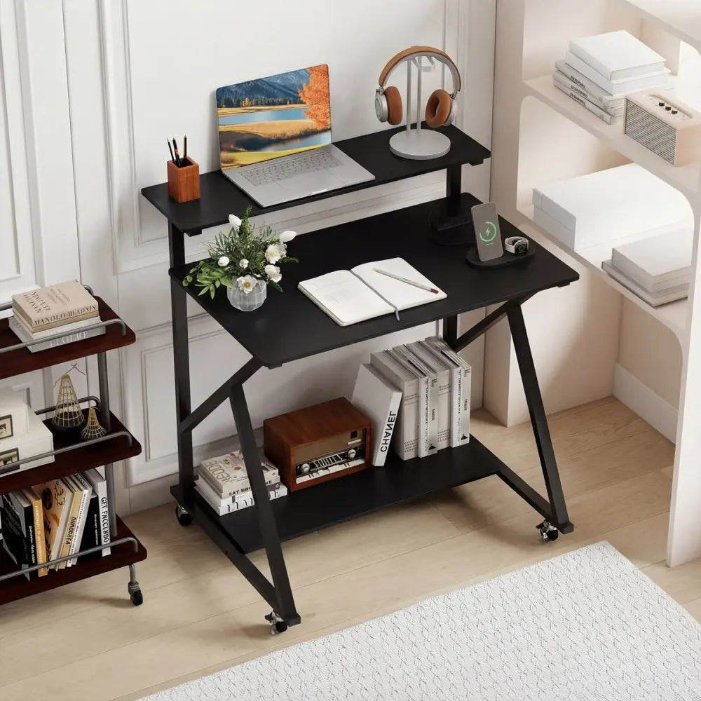 32 Inch Rolling Computer Desk for Small Spaces with Power Outlets-Black - Black - Computer Desks