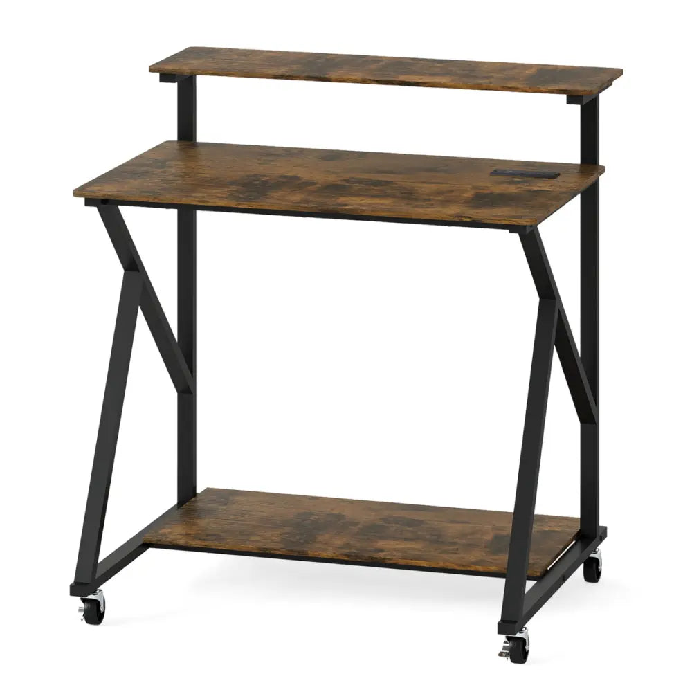 32 Inch Rolling Computer Desk for Small Spaces with Power Outlets-Rustic Brown - Rustic Brown - Computer Desks