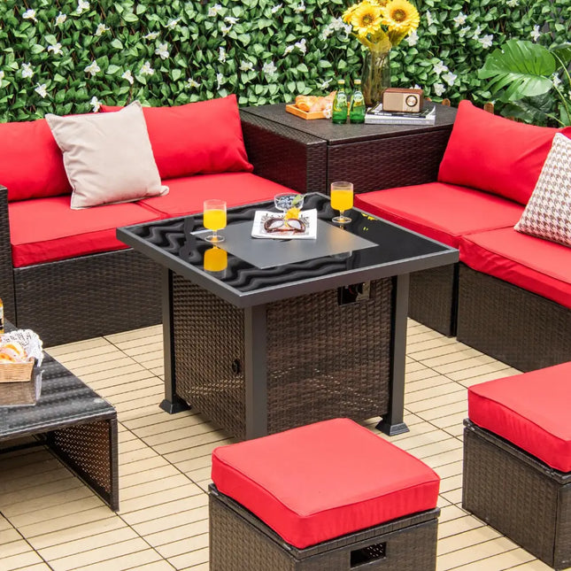 32 Inch Square Propane Fire Pit Table with Lava Rocks Cover-Brown - Brown - Fire Pit Tables