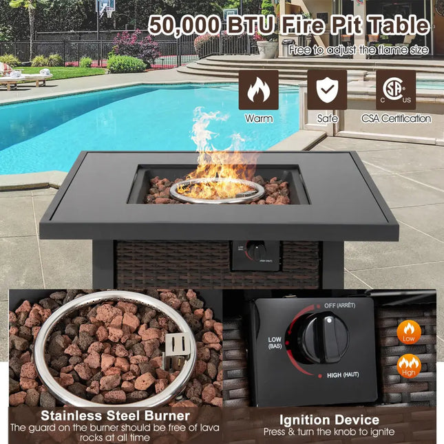 32 Inch Square Propane Fire Pit Table with Lava Rocks Cover-Brown - Brown - Fire Pit Tables