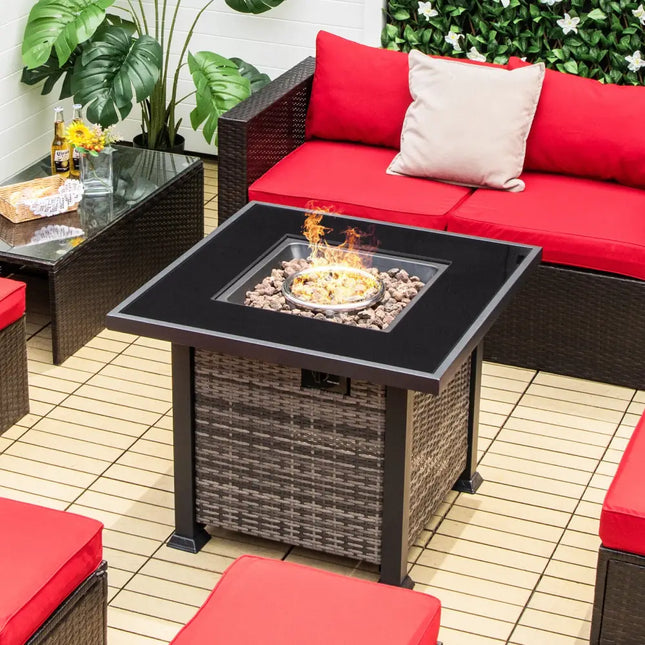 32 Inch Square Propane Fire Pit Table with Lava Rocks Cover-Gray - Gray - Fire Pit Tables