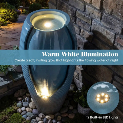 32 Inch Tall Jar Water Fountain with LED Lights and Pump Vintage Ceramic-Look - Blue - Outdoor Decor