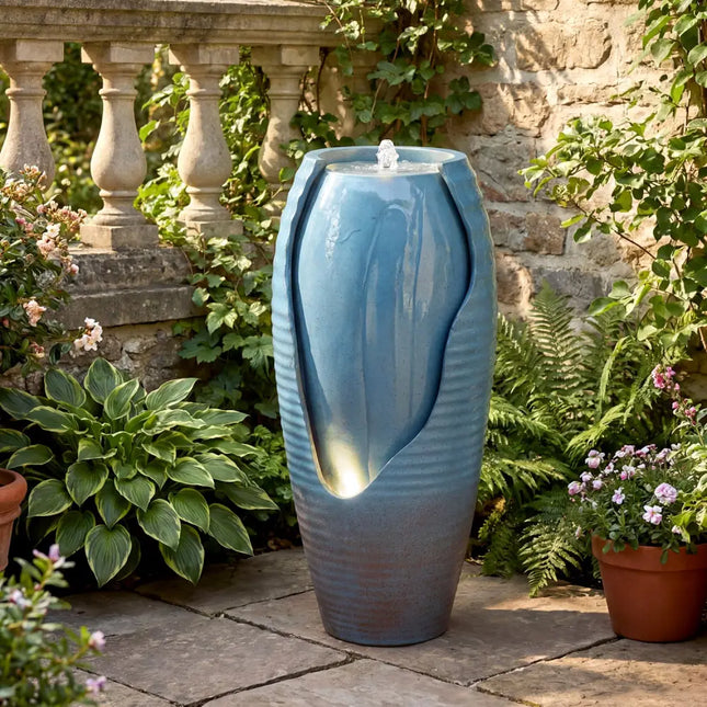 32 Inch Tall Jar Water Fountain with LED Lights and Pump Vintage Ceramic-Look - Blue - Outdoor Decor