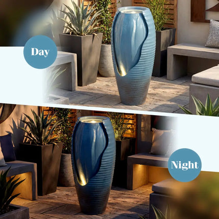 32 Inch Tall Jar Water Fountain with LED Lights and Pump Vintage Ceramic-Look - Blue - Outdoor Decor