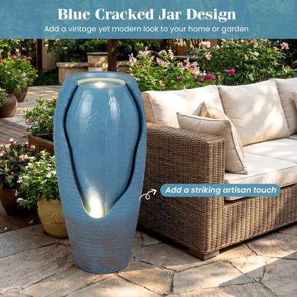 32 Inch Tall Jar Water Fountain with LED Lights and Pump Vintage Ceramic-Look - Blue - Outdoor Decor