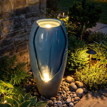 32 Inch Tall Jar Water Fountain with LED Lights and Pump Vintage Ceramic-Look - Blue - Outdoor Decor