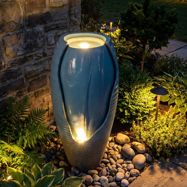 32 Inch Tall Jar Water Fountain with LED Lights and Pump Vintage Ceramic-Look - Blue - Outdoor Decor