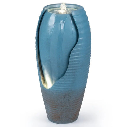 32 Inch Tall Jar Water Fountain with LED Lights and Pump Vintage Ceramic-Look - Blue - Outdoor Decor