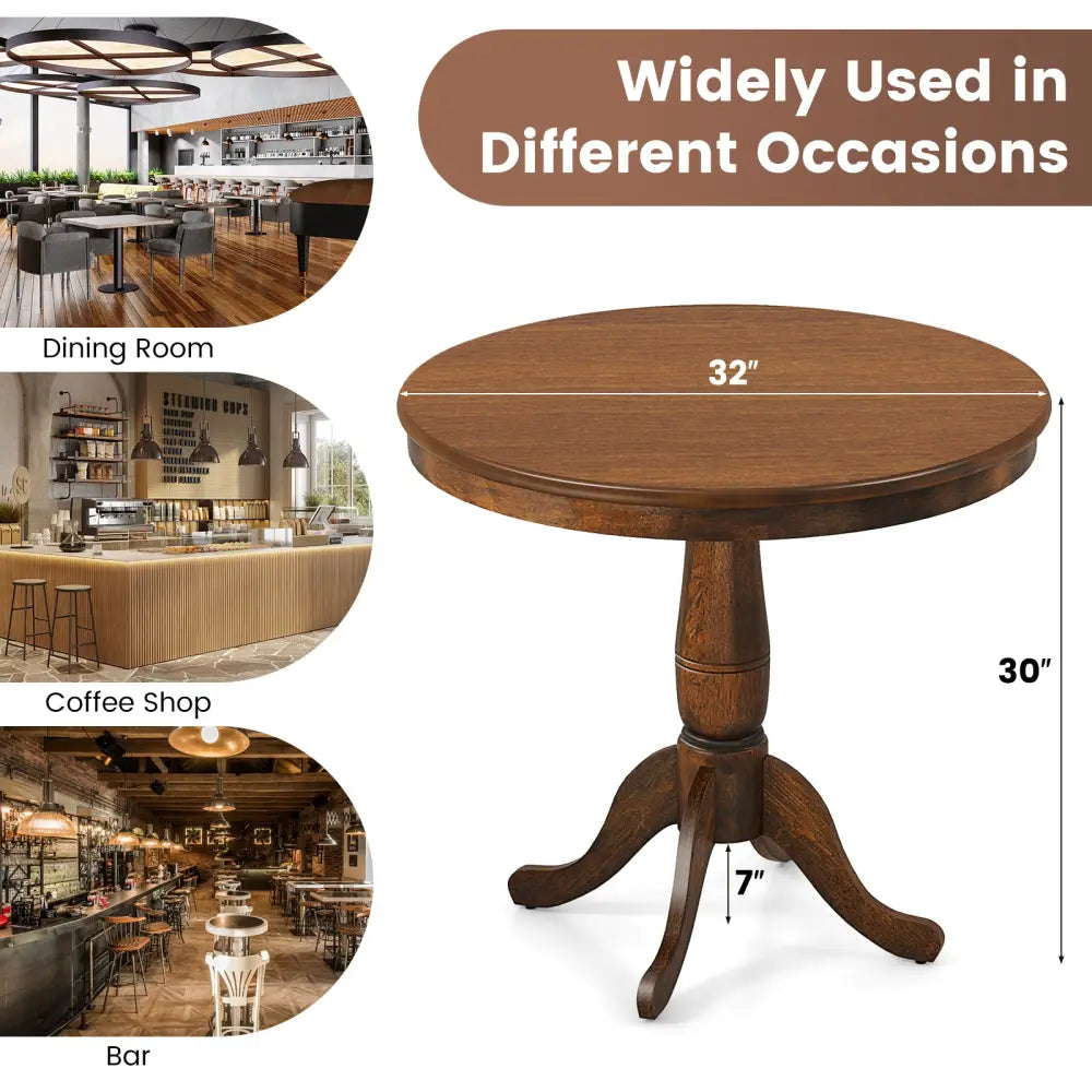 32 Inch Wooden Round Pub Pedestal Side Table-Walnut - Walnut - Dining Tables