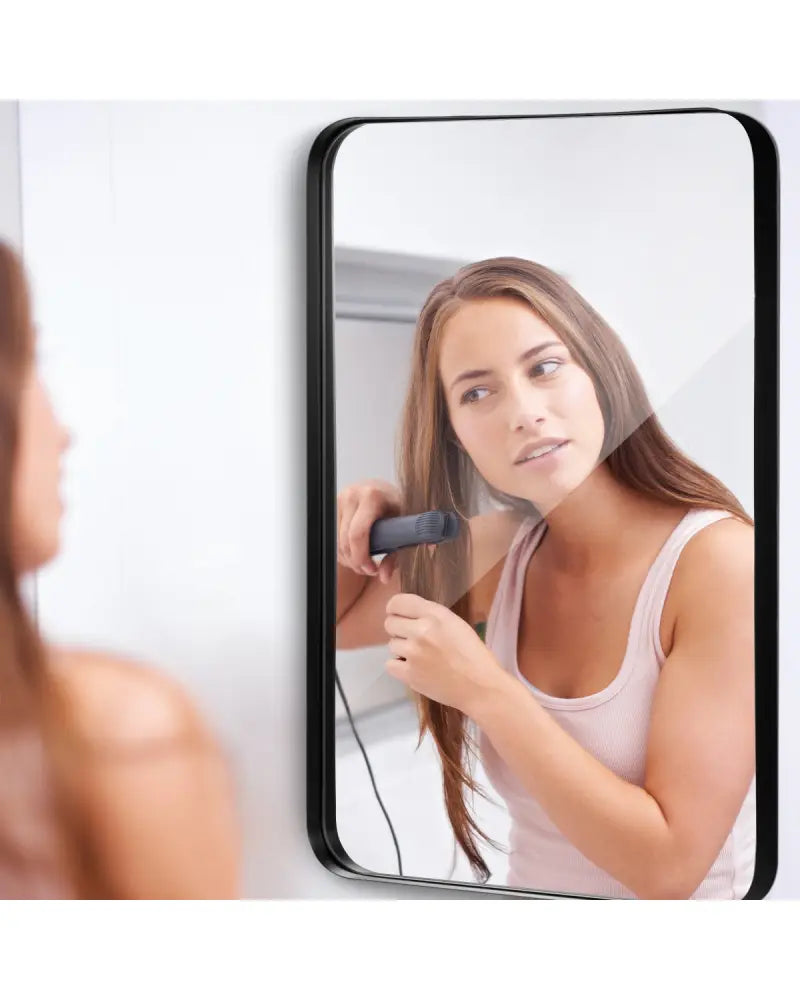 32 Inch x 20 Inch Metal Frame Wall-Mounted Rectangle Mirror-Black - Black - Wall Mirrors