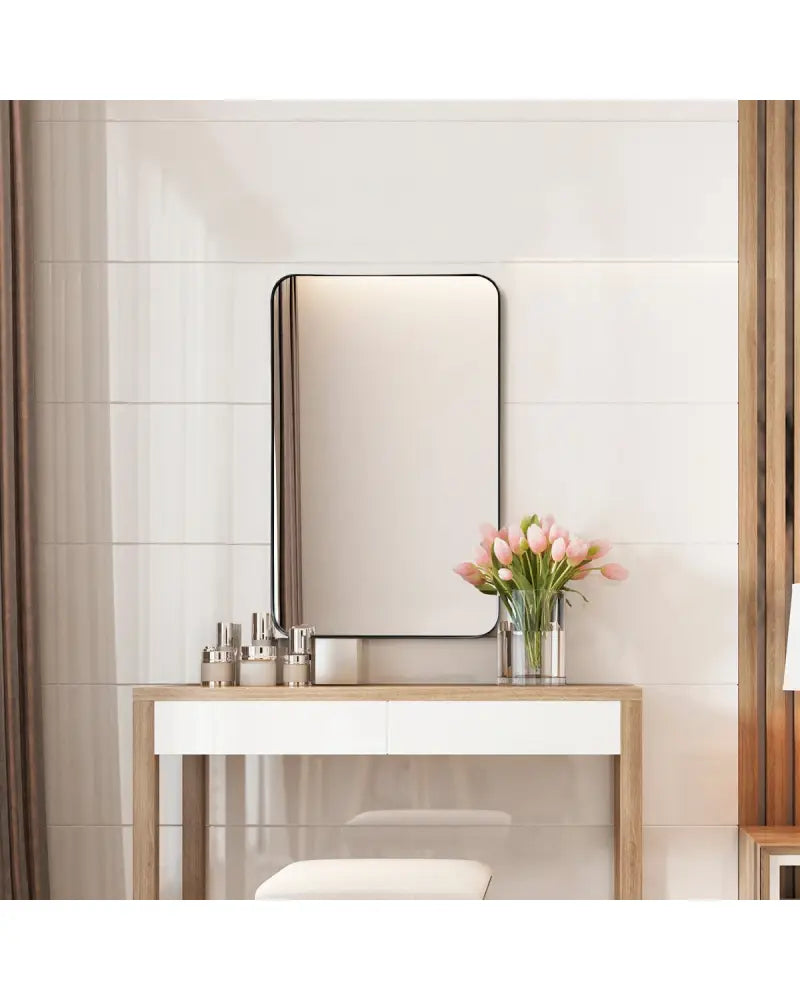 32 Inch x 20 Inch Metal Frame Wall-Mounted Rectangle Mirror-Black - Black - Wall Mirrors