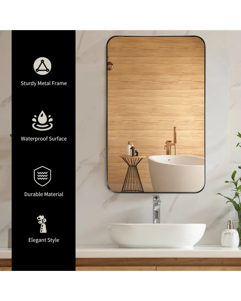 32 Inch x 20 Inch Metal Frame Wall-Mounted Rectangle Mirror-Black - Black - Wall Mirrors