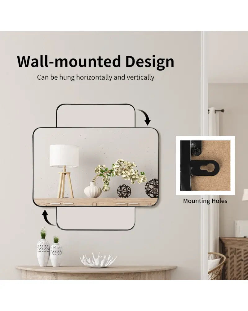 32 Inch x 20 Inch Metal Frame Wall-Mounted Rectangle Mirror-Black - Black - Wall Mirrors