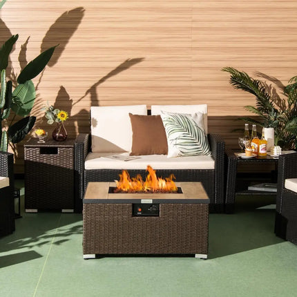 32 Inch x 20 Inch Propane Rattan Fire Pit Table Set with Side Table Tank and Cover-Brown - Brown - Outdoor Heating