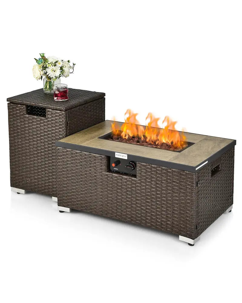 32 Inch x 20 Inch Propane Rattan Fire Pit Table Set with Side Table Tank and Cover-Brown - Brown - Outdoor Heating