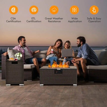 32 Inch x 20 Inch Propane Rattan Fire Pit Table Set with Side Table Tank and Cover-Brown - Brown - Outdoor Heating