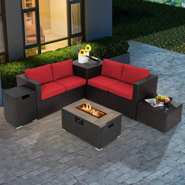 32 Inch x 20 Inch Propane Rattan Fire Pit Table Set with Side Table Tank and Cover-Brown - Brown - Outdoor Heating
