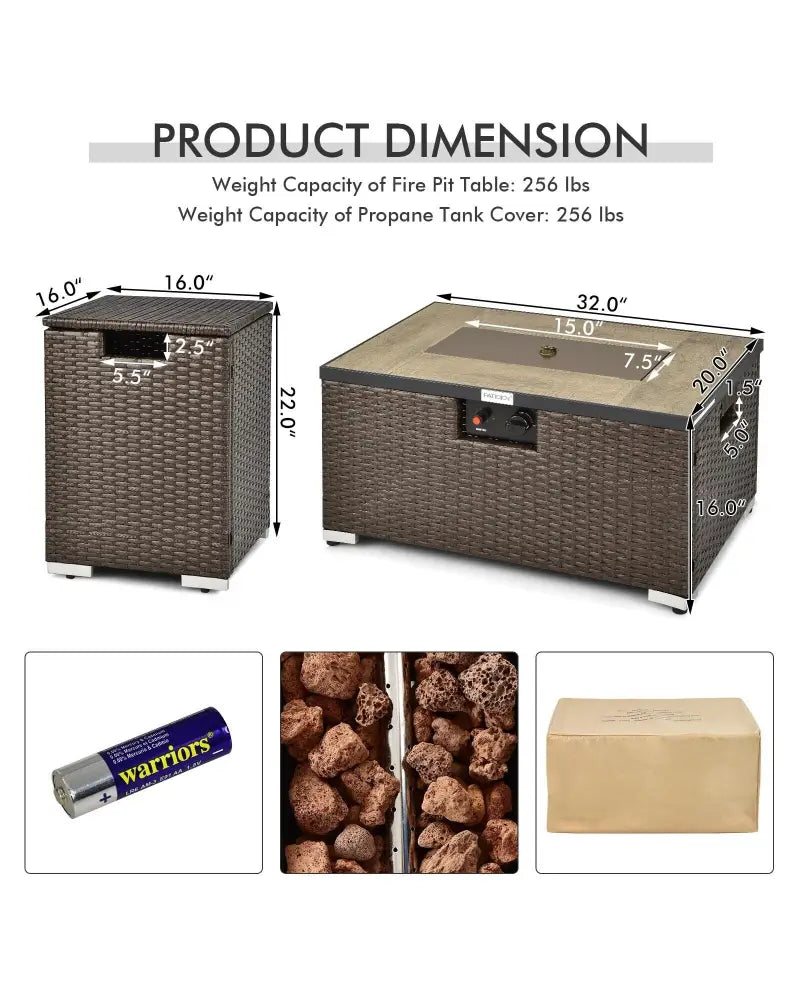 32 Inch x 20 Inch Propane Rattan Fire Pit Table Set with Side Table Tank and Cover-Brown - Brown - Outdoor Heating