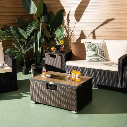 32 Inch x 20 Inch Propane Rattan Fire Pit Table Set with Side Table Tank and Cover-Brown - Brown - Outdoor Heating