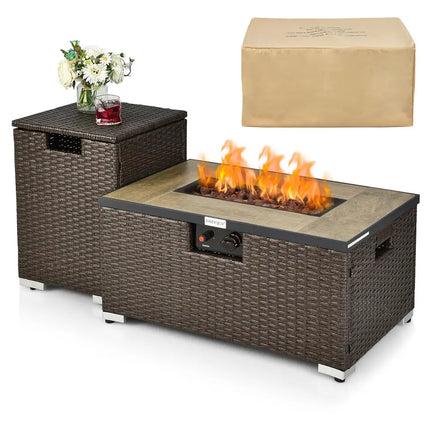 32 Inch x 20 Inch Propane Rattan Fire Pit Table Set with Side Table Tank and Cover-Brown - Brown - Outdoor Heating