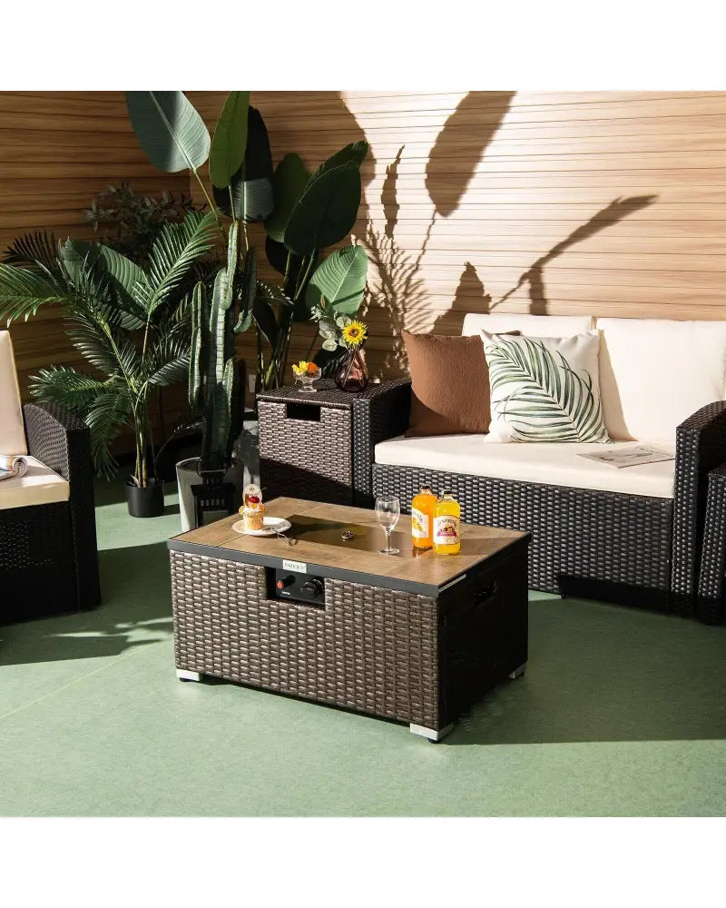 32 Inch x 20 Inch Propane Rattan Fire Pit Table Set with Side Table Tank and Cover-Brown - Brown - Outdoor Heating