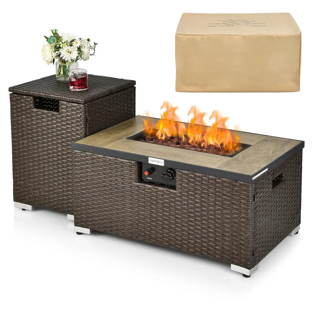 32 Inch x 20 Inch Propane Rattan Fire Pit Table Set with Side Table Tank and Cover-Brown - Brown - Outdoor Heating