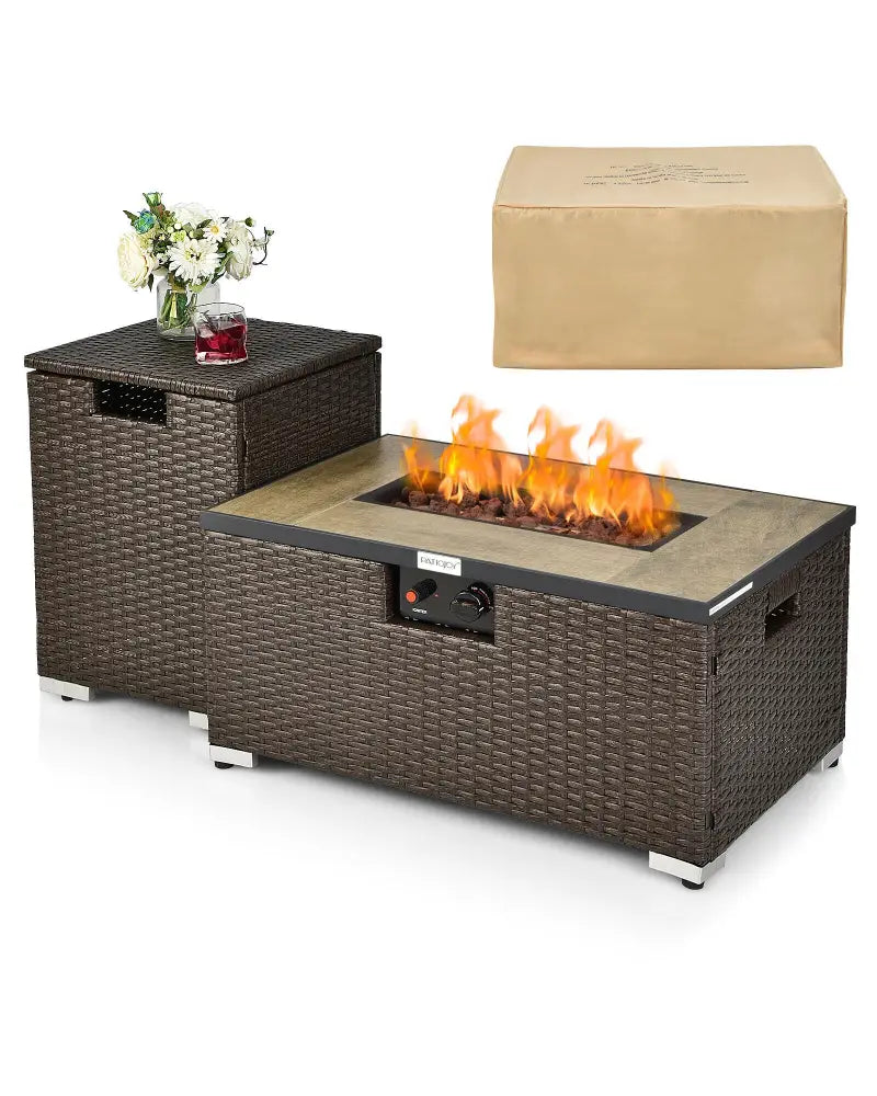 32 Inch x 20 Inch Propane Rattan Fire Pit Table Set with Side Table Tank and Cover-Brown - Brown - Outdoor Heating