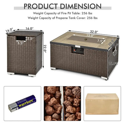 32 Inch x 20 Inch Propane Rattan Fire Pit Table Set with Side Table Tank and Cover-Brown - Brown - Outdoor Heating