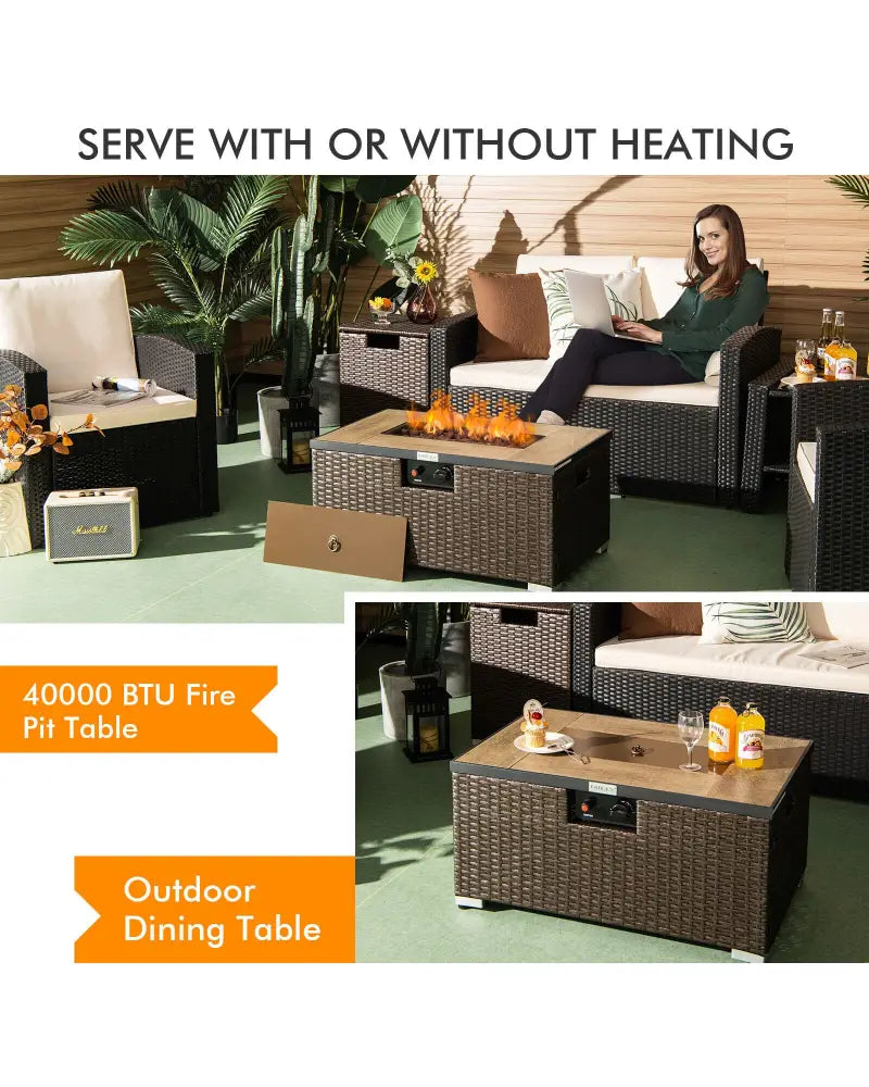 32 Inch x 20 Inch Propane Rattan Fire Pit Table Set with Side Table Tank and Cover-Brown - Brown - Outdoor Heating