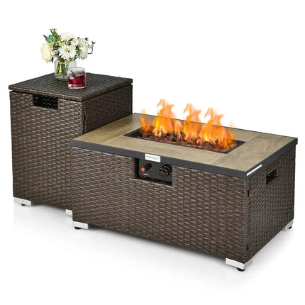 32 Inch x 20 Inch Propane Rattan Fire Pit Table Set with Side Table Tank and Cover-Brown - Brown - Outdoor Heating