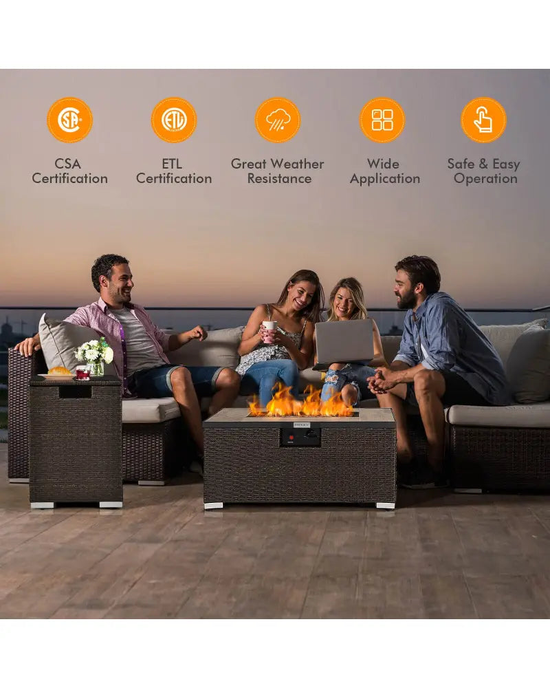 32 Inch x 20 Inch Propane Rattan Fire Pit Table Set with Side Table Tank and Cover-Brown - Brown - Outdoor Heating