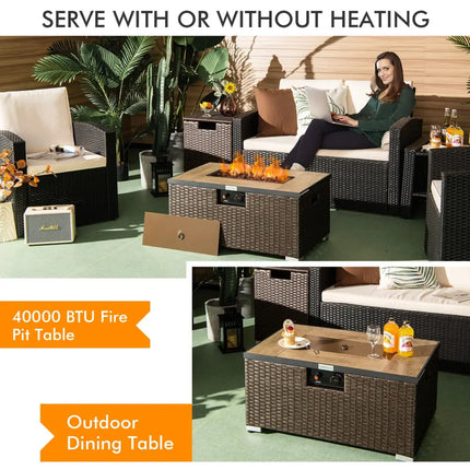 32 Inch x 20 Inch Propane Rattan Fire Pit Table Set with Side Table Tank and Cover-Brown - Brown - Outdoor Heating