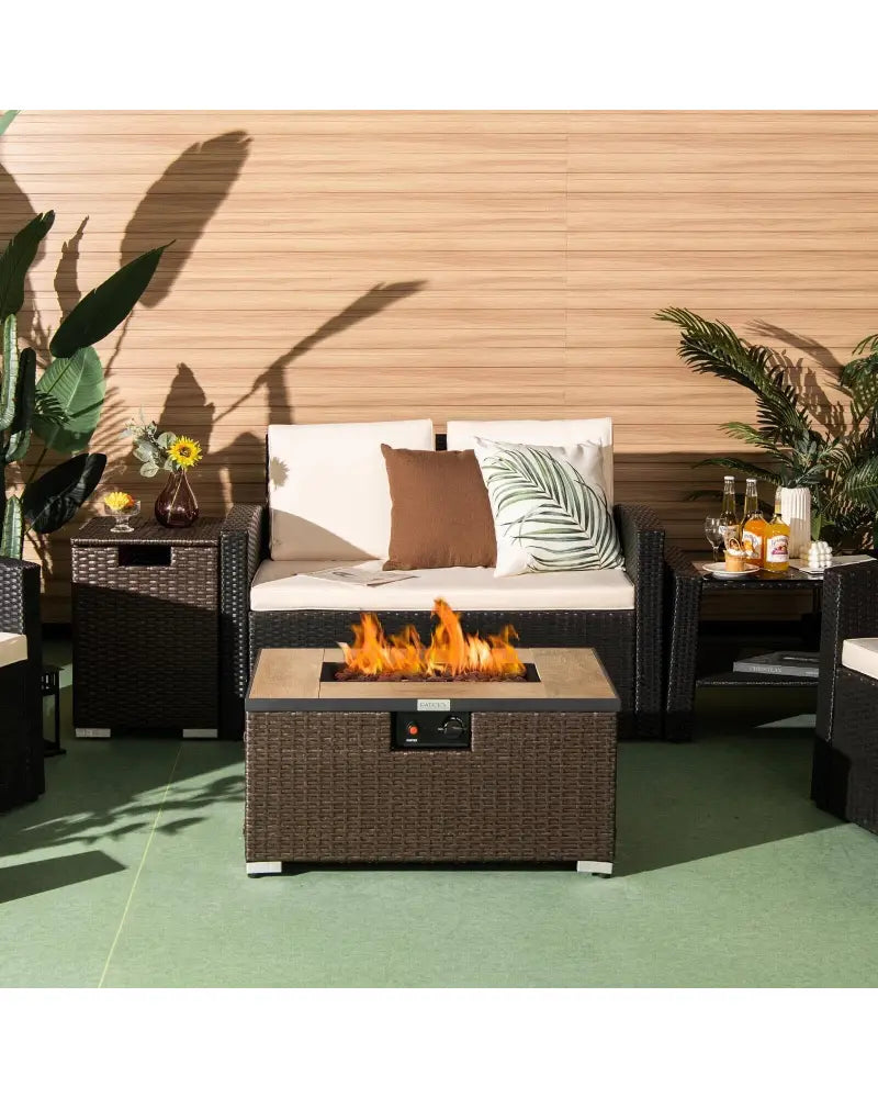 32 Inch x 20 Inch Propane Rattan Fire Pit Table Set with Side Table Tank and Cover-Brown - Brown - Outdoor Heating