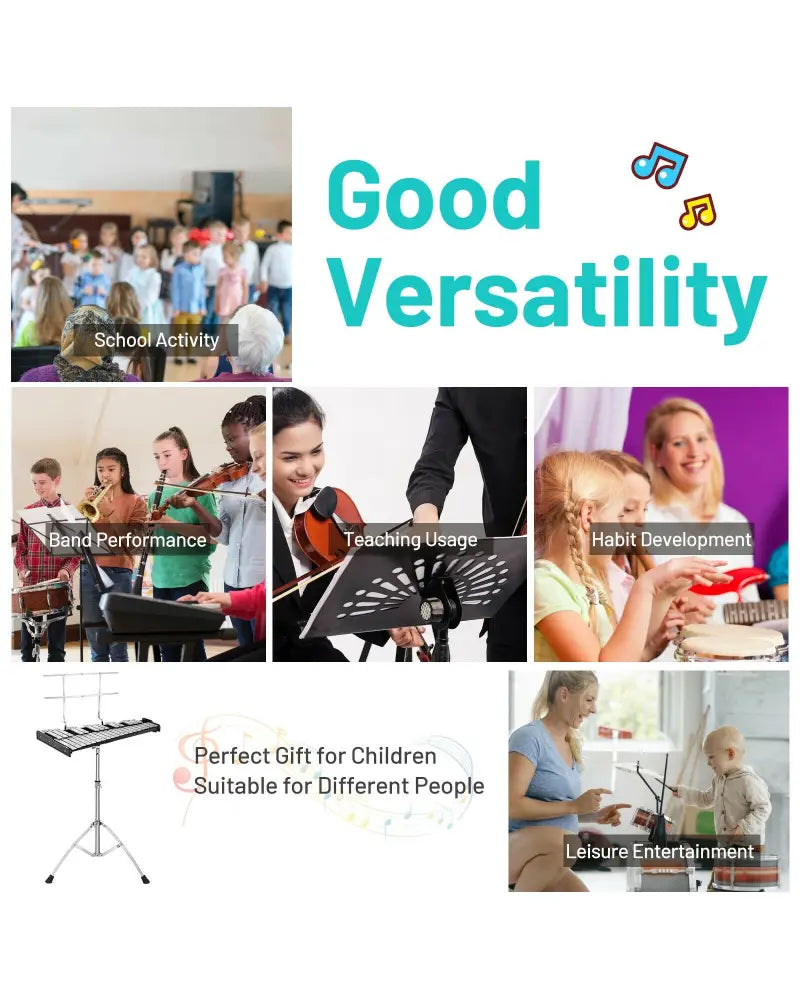 32 Note Glockenspiel Xylophone Percussion Bell Kit with Adjustable Stand - Black - Drums & Percussion