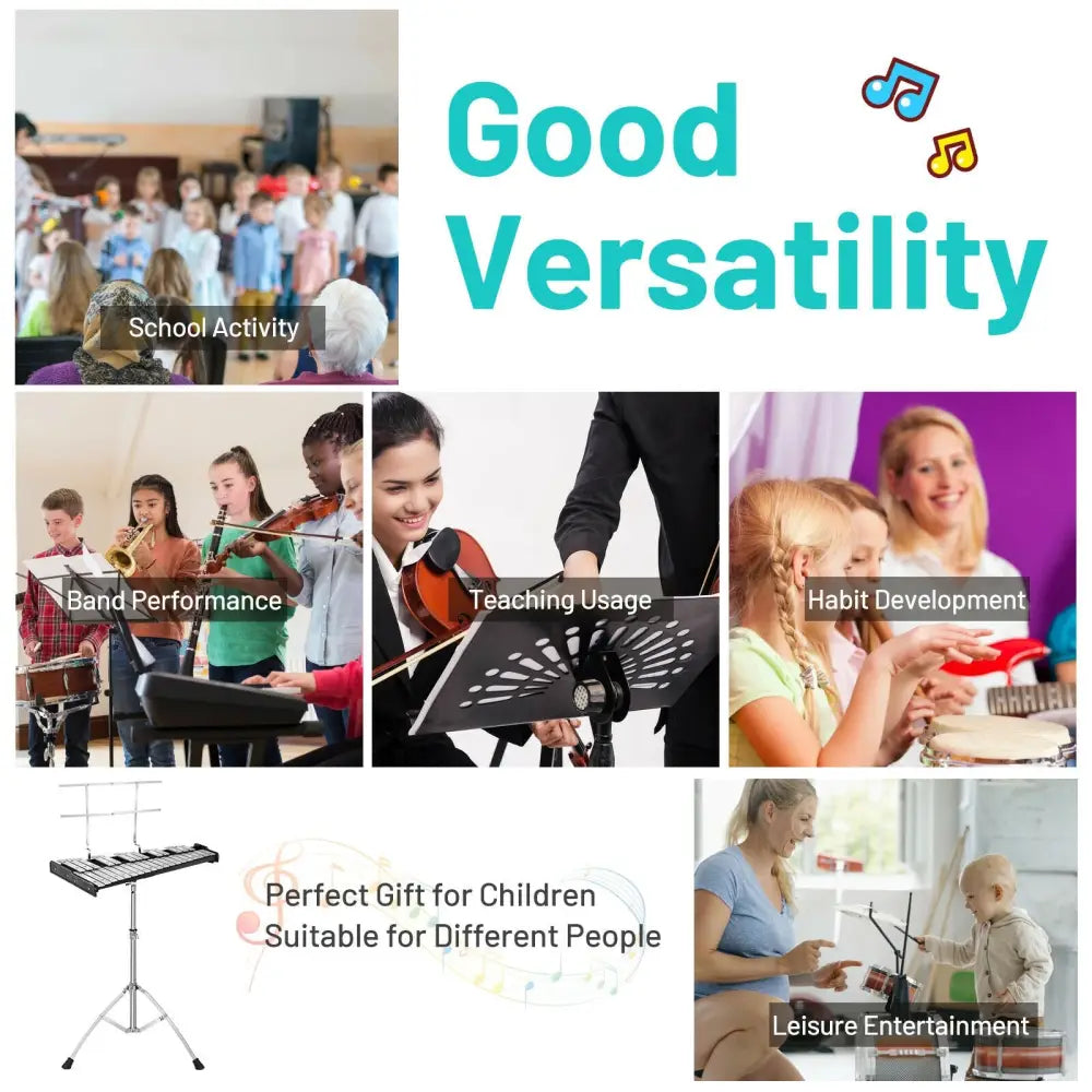 32 Note Glockenspiel Xylophone Percussion Bell Kit with Adjustable Stand - Black - Drums & Percussion