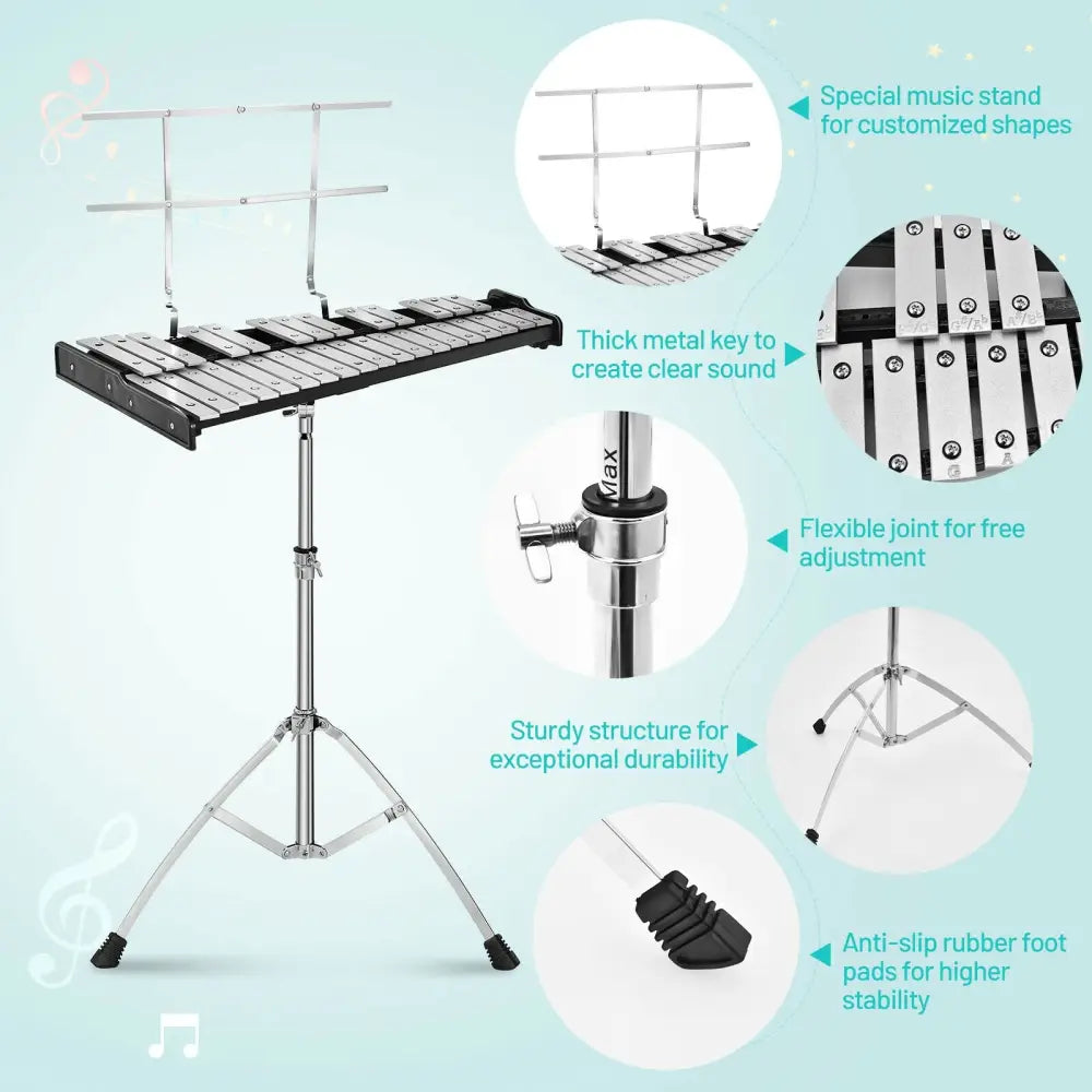 32 Note Glockenspiel Xylophone Percussion Bell Kit with Adjustable Stand - Black - Drums & Percussion