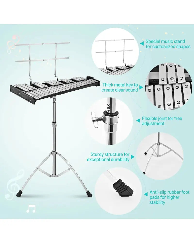 32 Note Glockenspiel Xylophone Percussion Bell Kit with Adjustable Stand - Black - Drums & Percussion