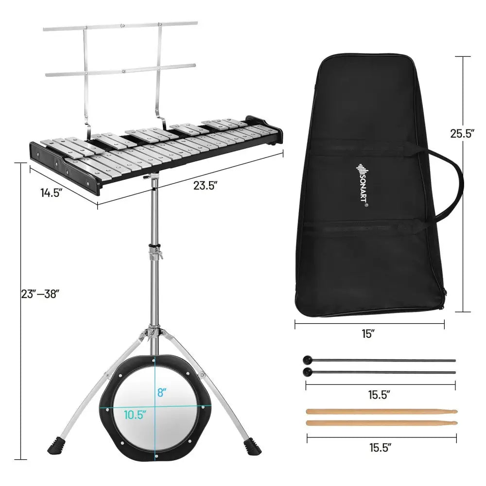32 Note Glockenspiel Xylophone Percussion Bell Kit with Adjustable Stand - Black - Drums & Percussion