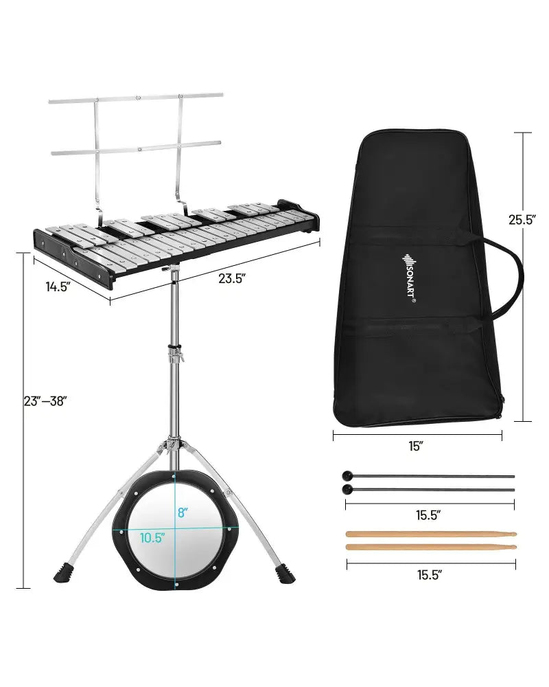 32 Note Glockenspiel Xylophone Percussion Bell Kit with Adjustable Stand - Black - Drums & Percussion