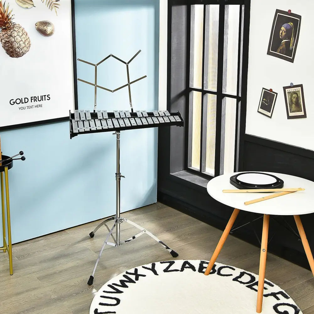 32 Note Glockenspiel Xylophone Percussion Bell Kit with Adjustable Stand - Black - Drums & Percussion