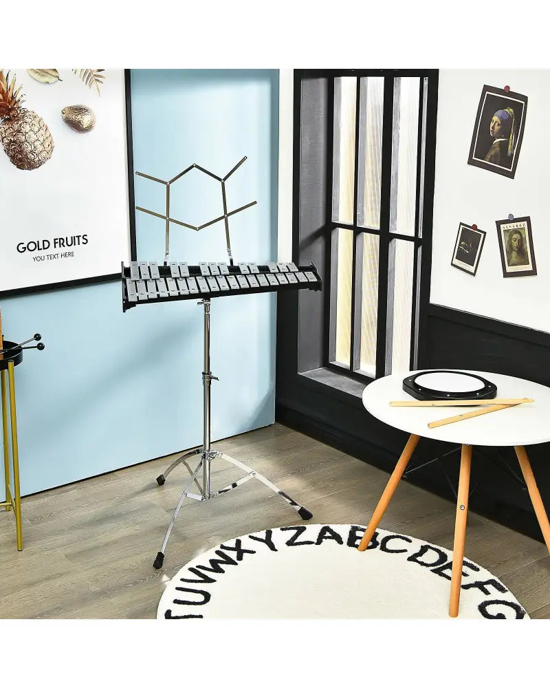 32 Note Glockenspiel Xylophone Percussion Bell Kit with Adjustable Stand - Black - Drums & Percussion