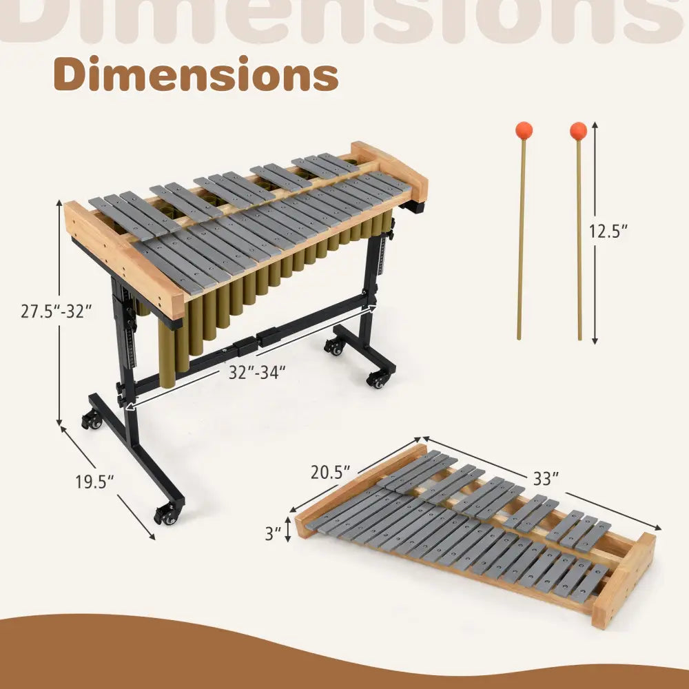 32 Note Marimba Aluminum Xylophone with Rubber Wood Base-Golden - Golden - Drums & Percussion