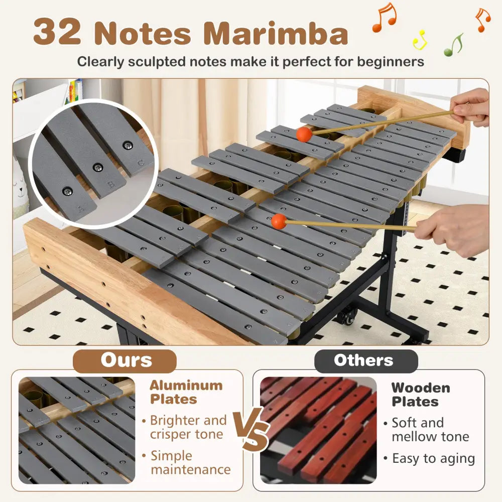 32 Note Marimba Aluminum Xylophone with Rubber Wood Base-Golden - Golden - Drums & Percussion