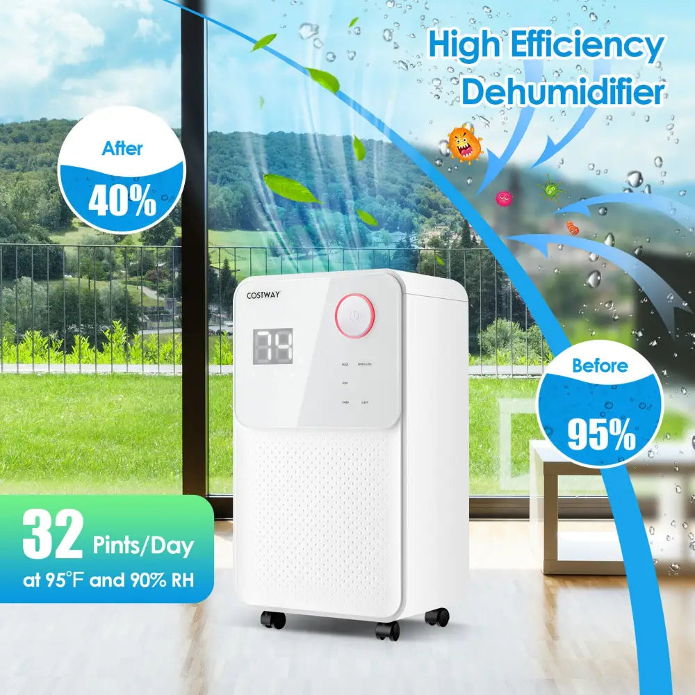 32 Pints 2000 Sq. Ft Dehumidifier for Home and Basements with 3-Color Digital Display-White - White - Dehumidifiers
