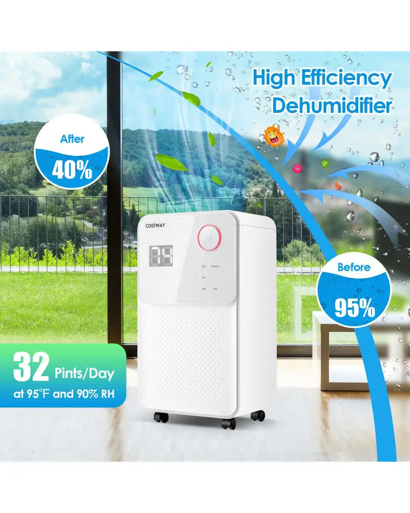 32 Pints 2000 Sq. Ft Dehumidifier for Home and Basements with 3-Color Digital Display-White - White - Dehumidifiers