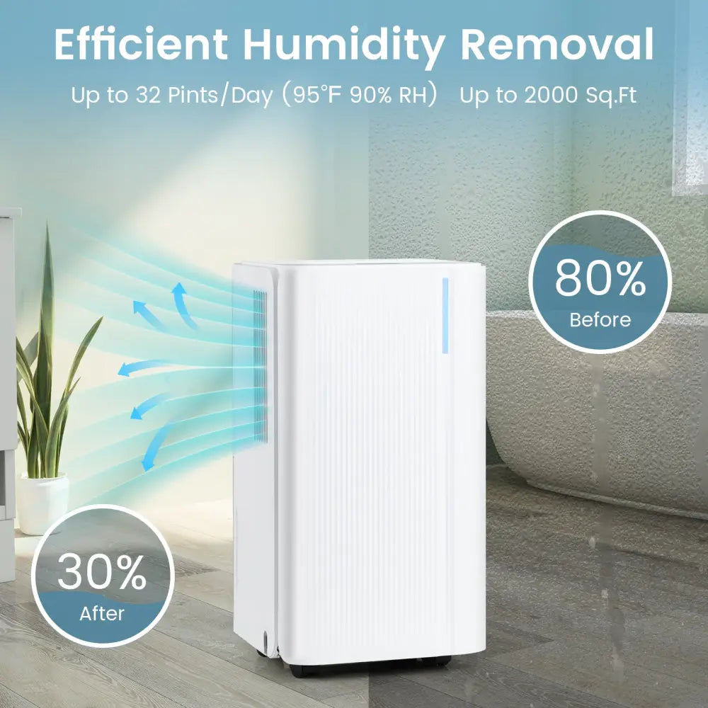 32 Pints 2000 Sq.ft Portable Dehumidifier for Home and Basement-White - White - Dehumidifiers